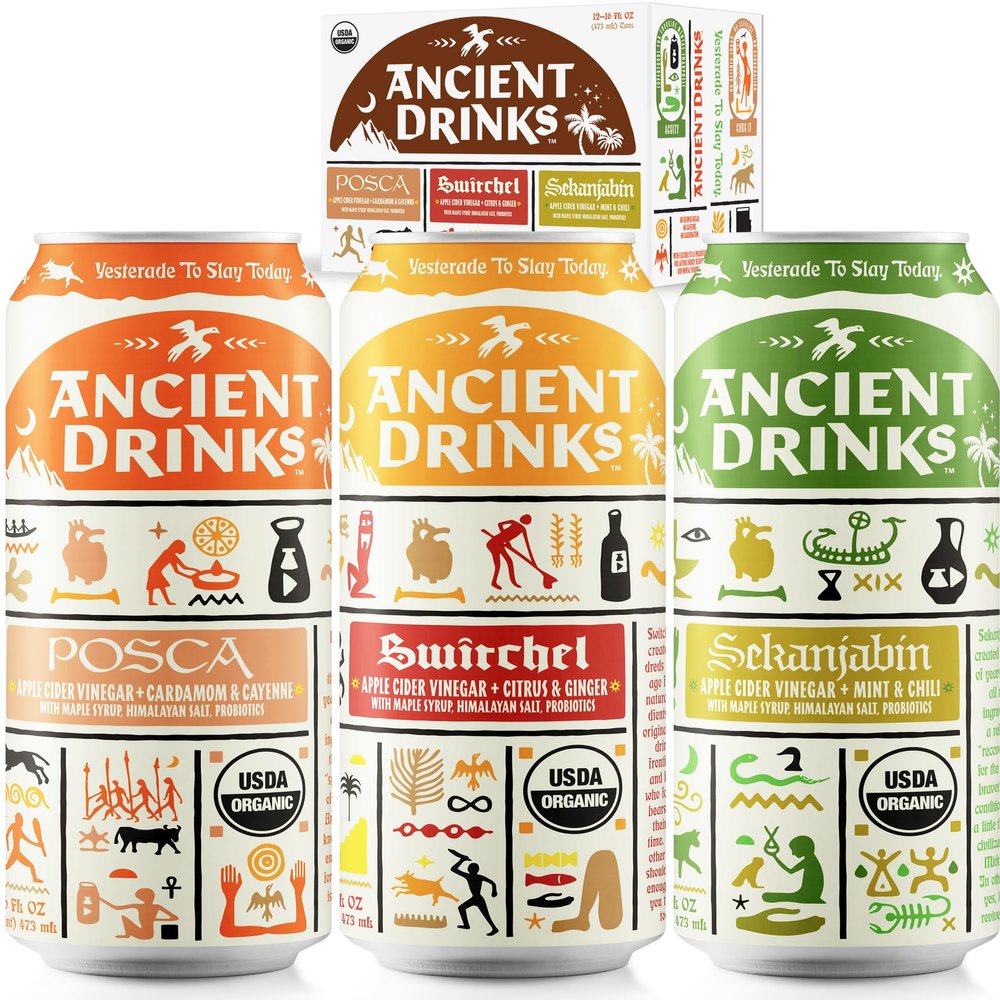 ANCIENT DRINKS Apple Cider Vinegar Electrolyte Drink with Probiotics Organic Hydration Beverage Variety Pack (Posca, Switchel, Sekanjabin) ACV Sports Drink with Natural Vitamins 16 oz Cans, 12 Pack
