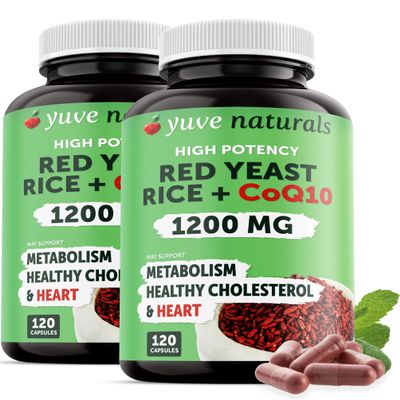 100% Natural Red Yeast Rice 1200 mg with CoQ10 100 mg, 2 in 1, Maintain Healthy Cholesterol Levels - 120 Veggie Capsules (2-Pack)
