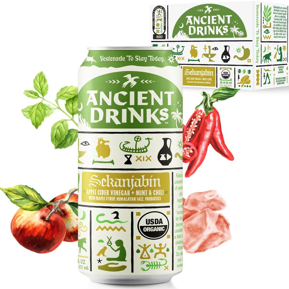 ANCIENT DRINKS Sekanjabin Apple Cider Vinegar Hydration Drink Organic Electrolyte ACV Beverage with Probiotics Ancient Persian Inspired Mint & Honey Vinegar Drink 16 oz Cans, 12 Pack