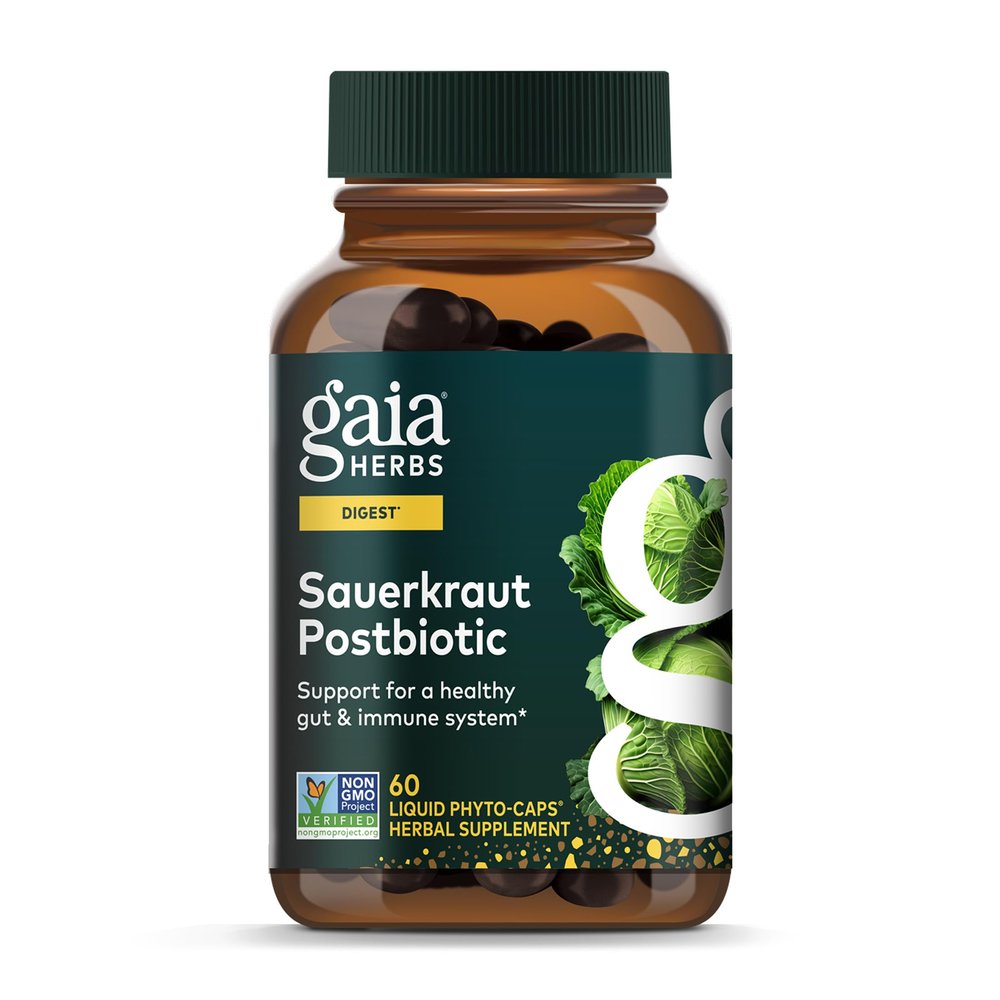 Gaia Herbs Sauerkraut Postbiotic - Natural Gut Health & Immune Support Supplement - Made with Fermented Sauerkraut - Free from Dairy, Soy & Gluten - 60 Vegan Capsules (30 Servings)