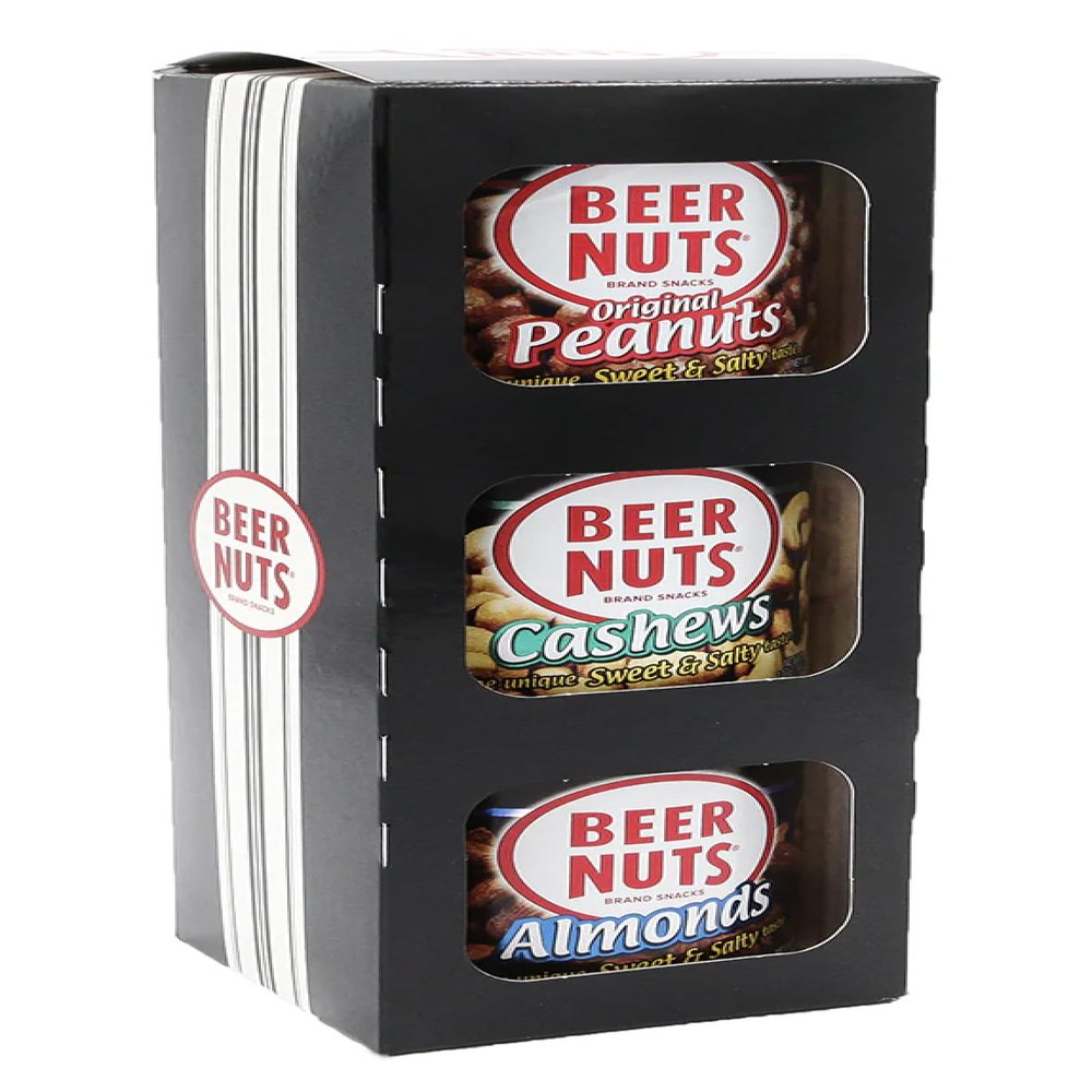 BEER NUTS The Nuts Nutstack Trio - Original Peanuts, Cashews and Mixed Nuts - Travel Size Sweet & Salty Bar Nuts - Gluten Free, Kosher, Low Sodium Snack Made In The USA - 3Pack Resealable Cans,36.5oz