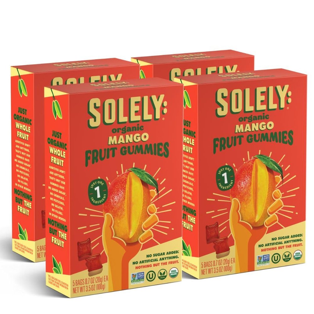 SOLELY - Organic Mango Whole Fruit Gummies (Pack of 4 Boxes, 5 Individual Bags per Box) - Real Fresh Fruit - Healthy Snacks for Adults & Kids - Non GMO, Vegan Snacks, Shelf Stable - 20 Bags (3.5 oz)