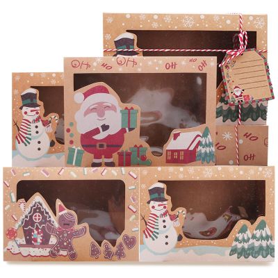 6 Pack 8.7x2.7x6 Inches Christmas Cookies Boxes with Window, Large Santa Claus Snowman Gingerbread Pattern Candy Food Bakery Treat Boxes Container with Ribbons and DIY Gift Tags Xmas Party Favors