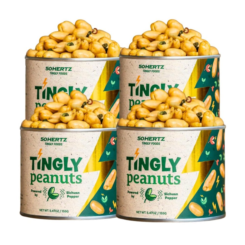 50Hertz Tingly Peanuts 5.5 oz Can (4 Pack)  Extra Large Crunchy Peanuts with Sichuan Pepper (Szechuan Peppercorn)  Tongue-Tingling Mala Numbing Snacks  35g Protein, Natural Dry Mouth Relief