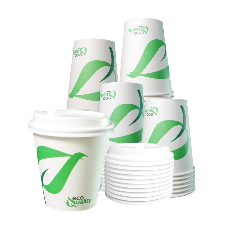 10 oz Compostable Paper Cups with White Dome Lids - Biodegradable Disposable White Paper Coffee Cups PLA Lined - Eco-friendly Hot and Cold Drinking Cups (250)