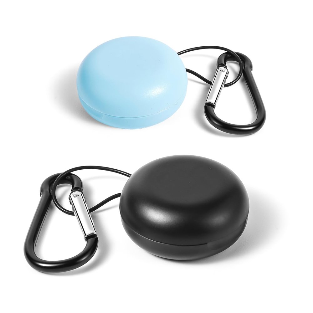 2pcs Earplug Cases, Round Portable Ear Plug Holder with Keychains, Earphones Pouch, Ear Bud Carrying Case Bag, Premium Carrying Case for Business Trip, Storage Earbuds, Trinkets, Pills (Black, Blue)
