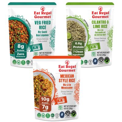 Eat Regal Rice Variety Pack, Fully Cooked Ready to Eat Rice, Ready in 1.5 Minutes, 2x Veg Fried Rice 2x Cilantro Lime Rice 2x Mexican Rice, Gluten Free Vegan, Shelf Stable, 6 Pack 8.8 oz