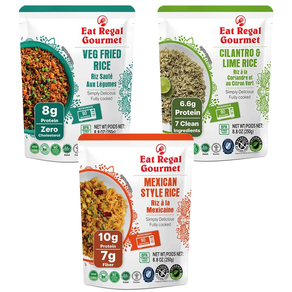 Eat Regal Rice Variety Pack, Fully Cooked Ready to Eat Rice, Ready in 1.5 Minutes, 2x Veg Fried Rice 2x Cilantro Lime Rice 2x Mexican Rice, Gluten Free Vegan, Shelf Stable, 6 Pack 8.8 oz
