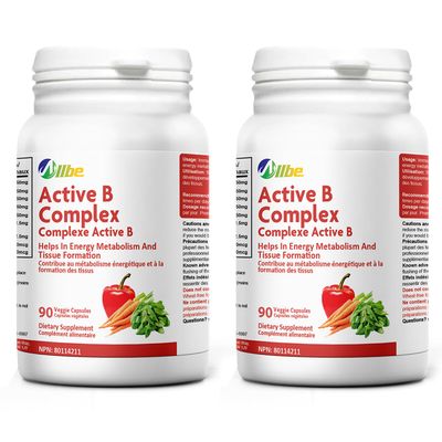 ALLBE Active B Complex - Helps in Energy Metabolism & Tissue Formation - 180 Capsules, 90 Count (Pack of 2)