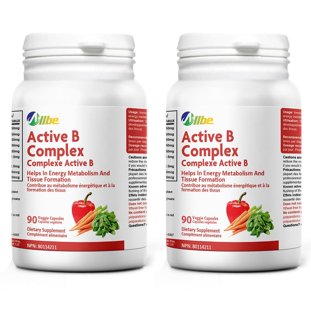 ALLBE Active B Complex - Helps in Energy Metabolism & Tissue Formation - 180 Capsules, 90 Count (Pack of 2)
