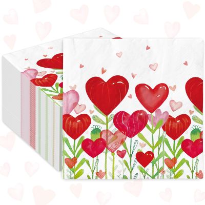 100Pcs Valentine's Day Paper Napkins Watercolor Heart Flower Luncheon Napkins 6.5 x 6.5 Inch Dinner Hand Napkin for Party Home Restaurant Kitchen Supplies