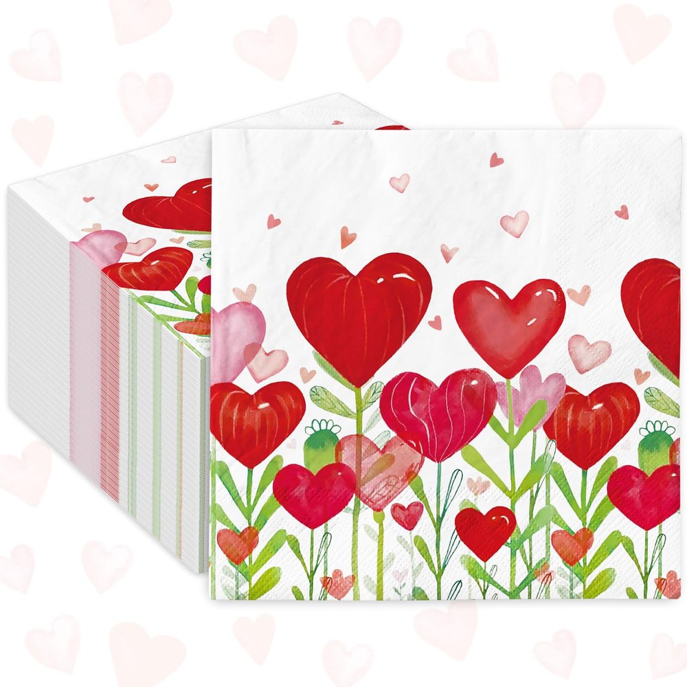 100Pcs Valentine's Day Paper Napkins Watercolor Heart Flower Luncheon Napkins 6.5 x 6.5 Inch Dinner Hand Napkin for Party Home Restaurant Kitchen Supplies