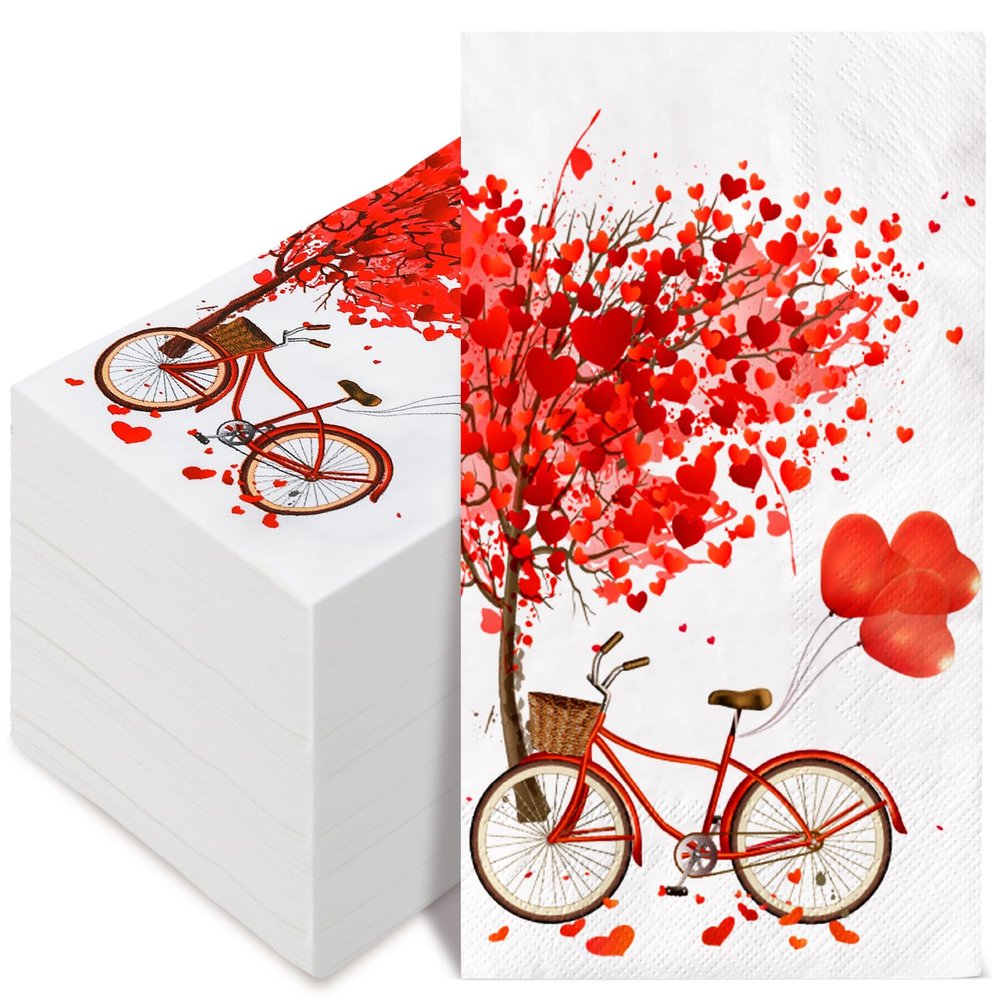 100 Pack Valentine Guest Napkins Red Heart Tree Bicycle Print Paper Dinner Napkins Sweet Decorative Disposable Hand Napkins for Party Tableware Supplies, 13 x 15.7 Inch