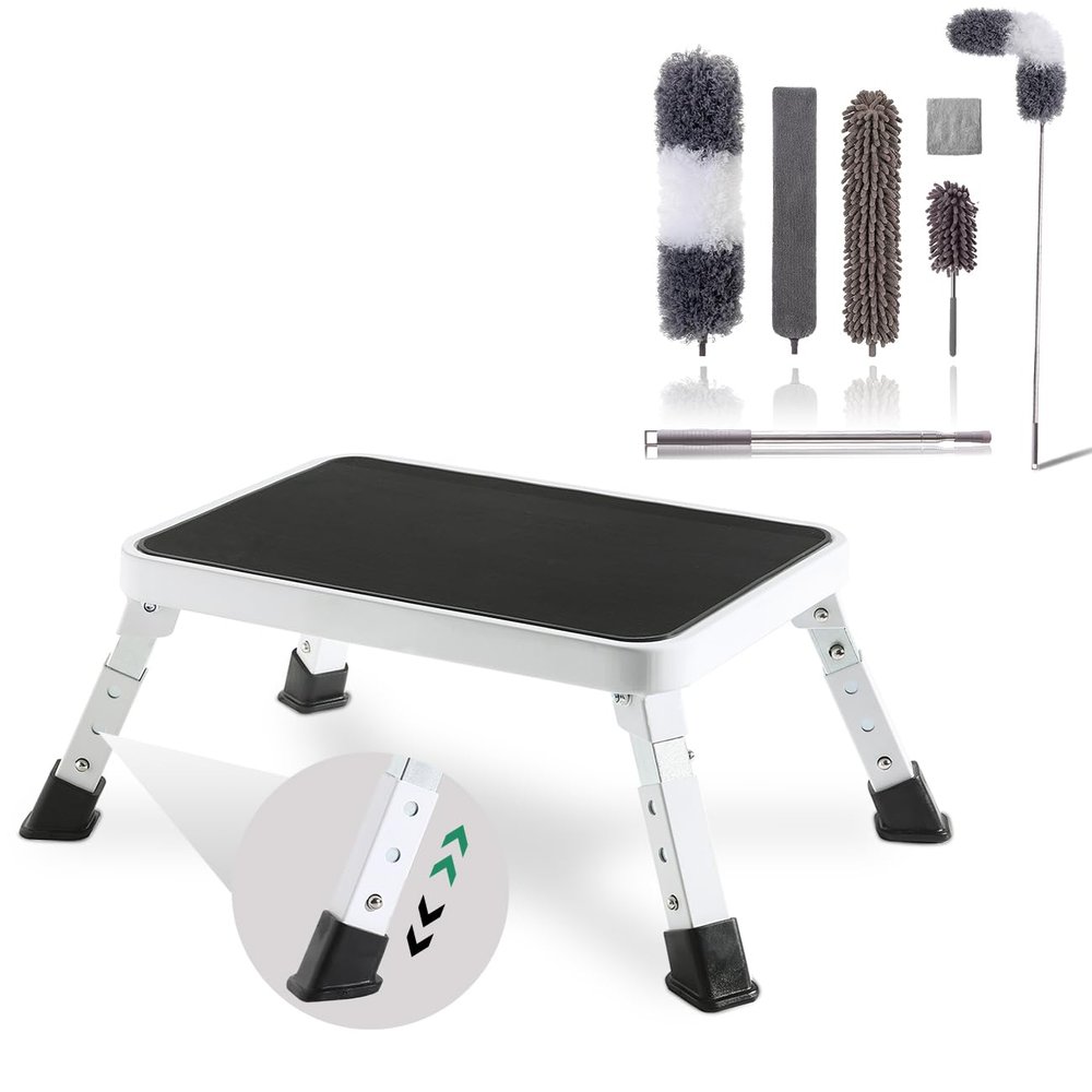 Adjustable Folding Step Stools & Microfiber Duster Kit 6 Pcs