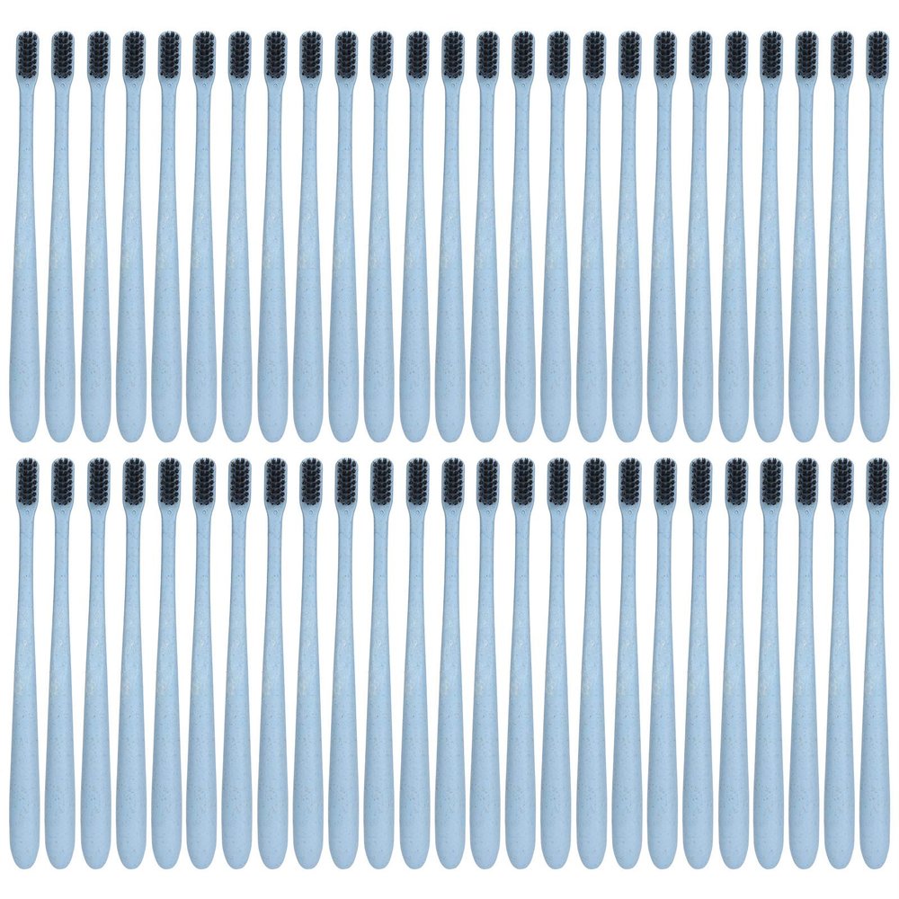 50Pcs Disposable Wheat Straw Soft Travel Toothbrushes with Tube - Portable Colorful Oral Care Toothbrushes for On The Go(Blue)