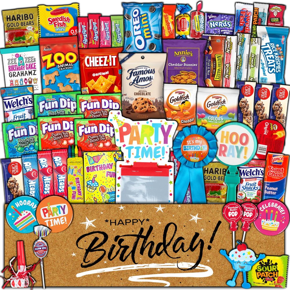 Birthday Celebration Care Package (50 Count) Snacks Food Cookies Bar Chips Candy Party Variety Gift Box Pack Assortment Basket Bundle Mix Bulk Sampler Treat College Students Kids Teens Office School