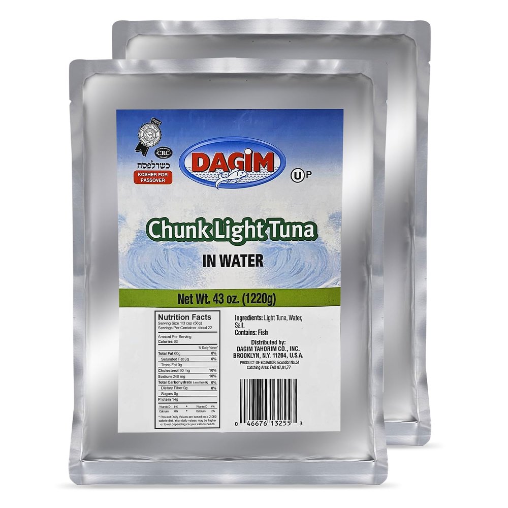 Dagim Chunk Light Tuna in Water 43 oz Tuna Fish Pouch Kosher Certified for Passover, Pack of 2