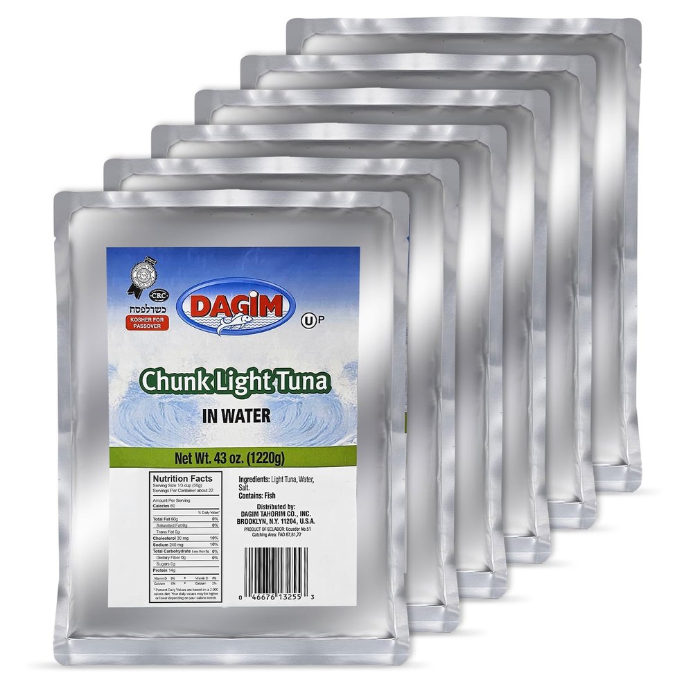Dagim Chunk Light Tuna in Water 43 oz Tuna Fish Pouch Kosher Certified for Passover, Pack of 6