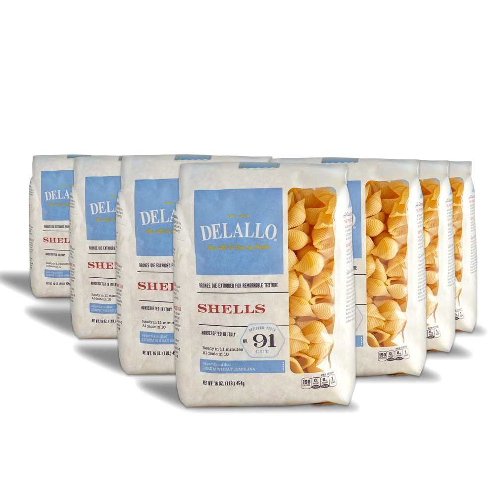 DeLallo Conchiglie Pasta Shells, 1 Pound Bag, 7 Pack, Conch Shape, Made with Durum Wheat Semolina Flour, Cooks in 9 Minutes, Non GMO