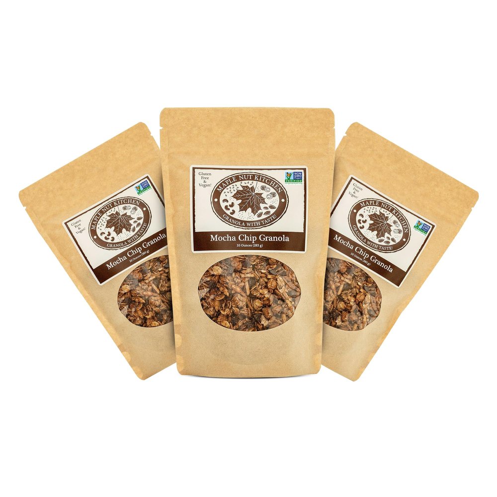 Maple Nut Kitchen Mocha Chip Granola 3 Pack  Vegan, Certified Gluten-Free Oats, Low Sugar  Dark Chocolate, Almonds, Coconut, Coffee  Crunchy Natural Granola for Yogurt or Healthy Breakfast