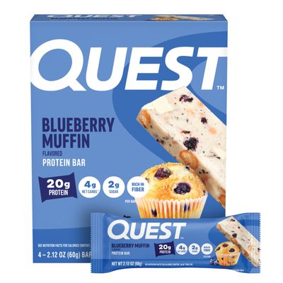 Quest Nutrition Blueberry Muffin Protein Bars, 20g Protein, 5g Net Carbs, 2g Sugar, High Fiber, Gluten Free, Keto Friendly, 4 Count
