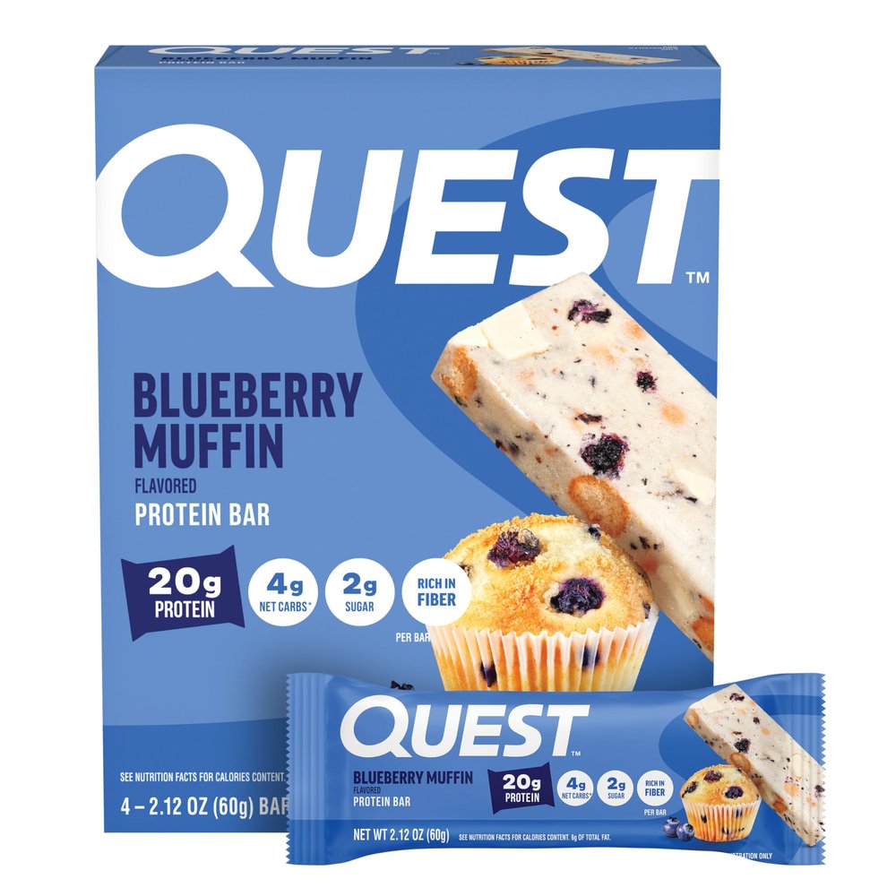 Quest Nutrition Blueberry Muffin Protein Bars, 20g Protein, 5g Net Carbs, 2g Sugar, High Fiber, Gluten Free, Keto Friendly, 4 Count