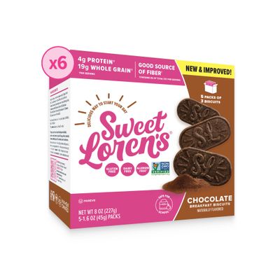Sweet Loren's Vegan Breakfast Biscuits | Chocolate | 4g Protein, 19g Whole Grains | Plant Based, Gluten Free, Dairy Free, Nut Free Snacks | 6 Pack (90 Total Biscuits, 1.6 ounce each)