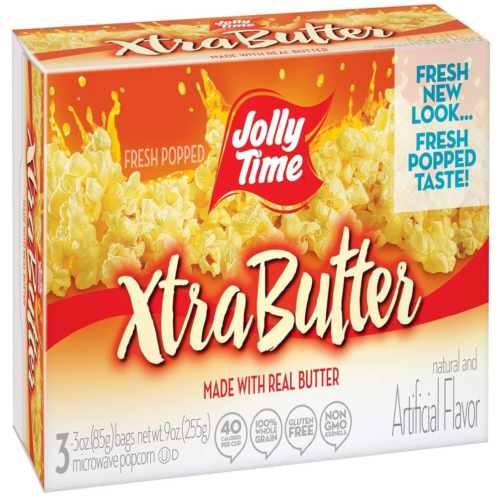 Jolly Time Xtra Butter Gluten-Free & Trans-Fat Free Extra Buttery Microwave Popcorn, 3-Count Boxes (Pack of 6)