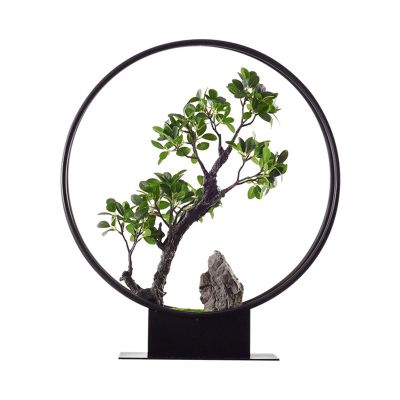 Artificial Bonsai Artificial Bonsai Tree New Chinese Round Iron Art Simulation Green Bonsai Tree Living Room Corridor Rockery Welcome Simulation Bonsai Plant for Home Office