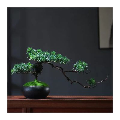Artificial Bonsai Fake Bonsai Tree 9.8 Inches Small Artificial Bonsai Pine Tree Lifelike Trunk, Fake Plants Decoration, for Desktop Displayw/Black Ceramic Pots for Home Office (Color : D)