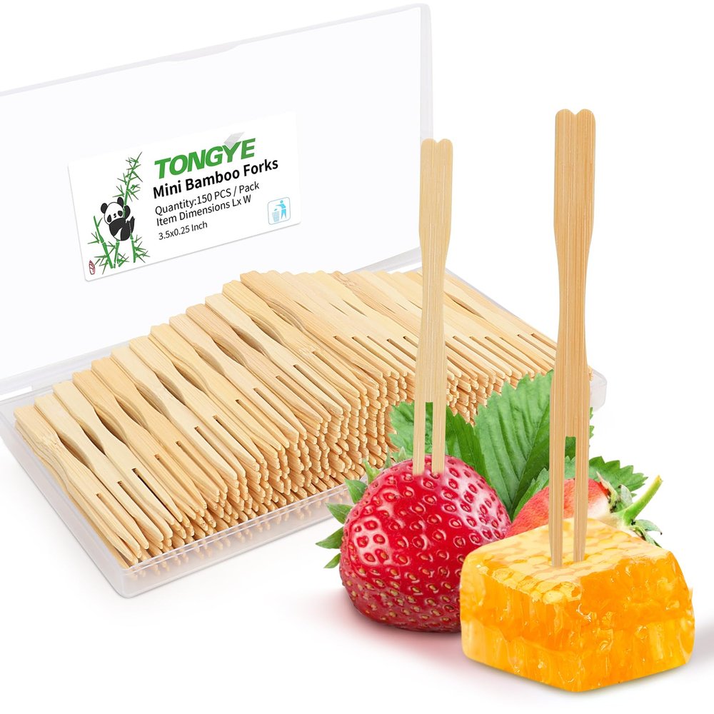 Appetizer Forks Mini, Disposable Mini Fork for Appetizers, Two Prongs Fancy Toothpicks for appetizers Fruits, Charcuterie Forks, Small Tiny Bamboo Wooden Cocktail Picks Forks 3.5 Inch. (150 PCS)