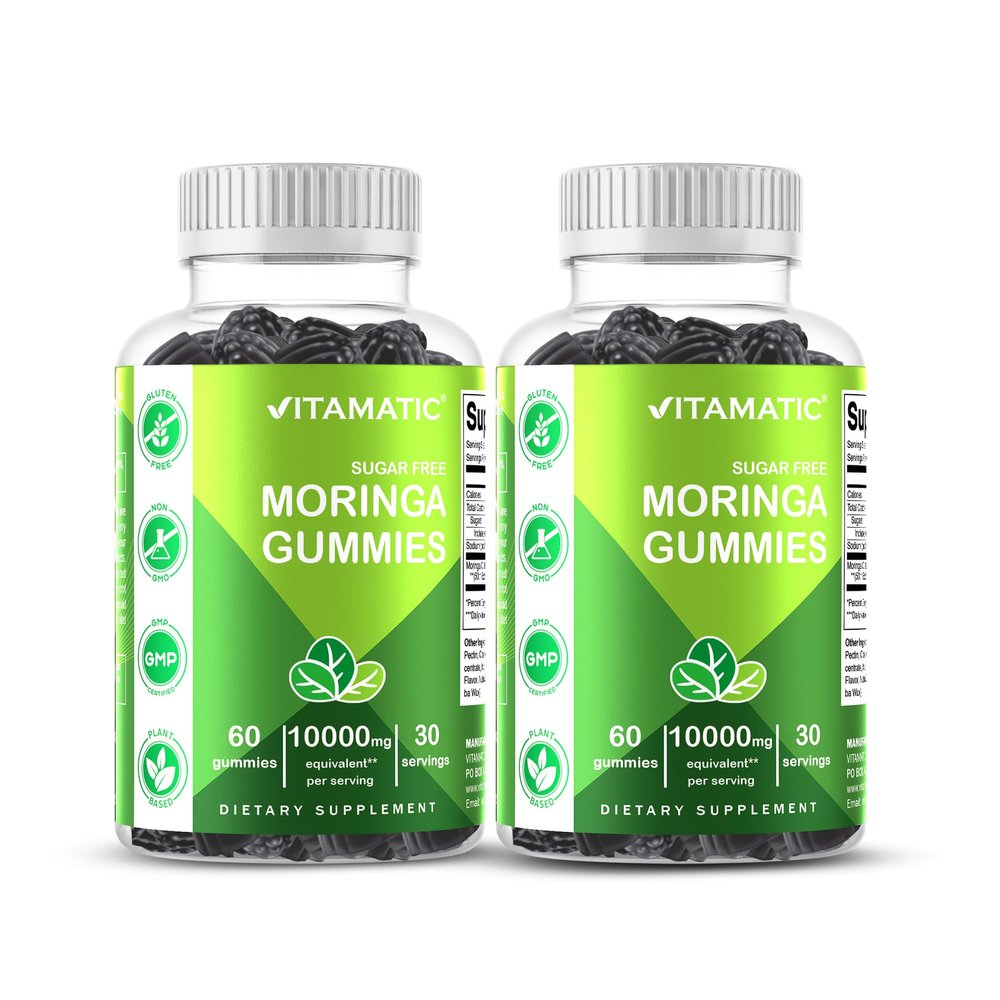 Vitamatic 2 Packs Sugar Free Moringa Gummies- 10000 mg Equivalent Per Serving (from 50:1 Extract 200 mg)- Complete Green Superfood 20X Extract - 60 Pectin Based Gummies