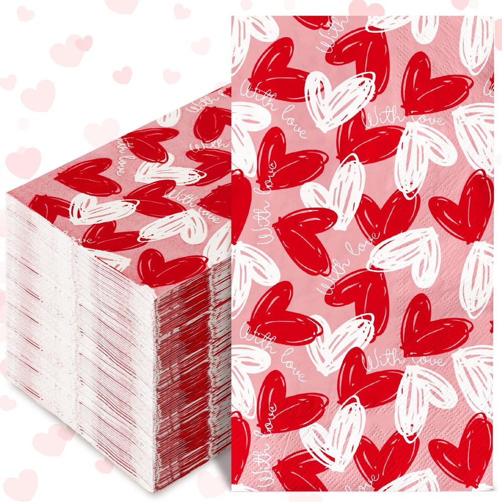 100Pack Valentine's Day Guest Napkins Red Heart Hand Napkin 3 Ply Love Hearts Disposable Dinner Paper Napkin Holiday Decorative Napkin for Wedding Anniversary Party Supplies, 13 x 15.7 Inch