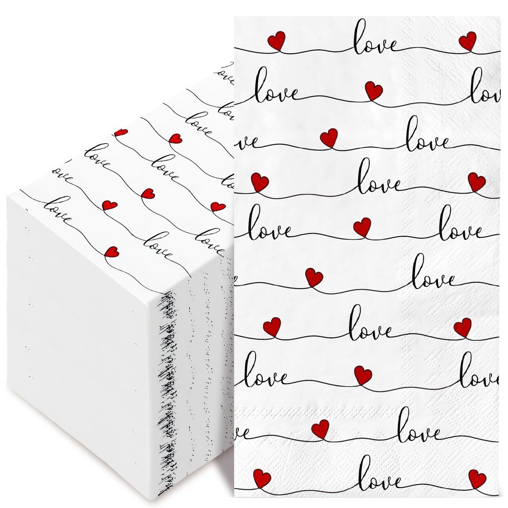100Pack Heart Guest Napkin 3 Ply Valentine's Day Disposable Napkins Love Hearts Dinner Hand Napkin for Wedding Anniversary Mother's Day, 13 x 15.7 Inch