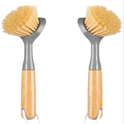 2 Pack Dish Brushes with Bamboo Handle, Kitchen Dish Scrubber Built-in Scraper, Scrub Brush for Pans, Pots, Counter & Kitchen Sink Cleaning, Dishwashing and Cleaning, Perfect Cleaning Tools, Gray