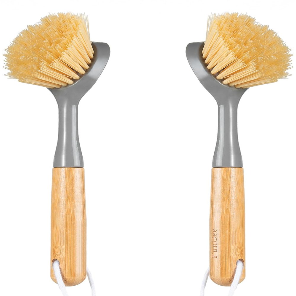 2 Pack Dish Brushes with Bamboo Handle, Kitchen Dish Scrubber Built-in Scraper, Scrub Brush for Pans, Pots, Counter & Kitchen Sink Cleaning, Dishwashing and Cleaning, Perfect Cleaning Tools, Gray