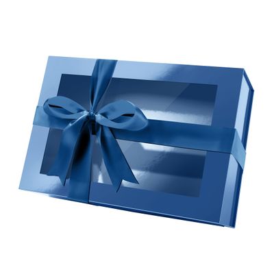 PACKQUEEN Large Blue Gift Box with Window, 13.5x9x4.1 Inches Clear Gift Box for Present Contains Ribbon, Card, Groomsman Proposal Box with Magnetic Lid (Glossy Blue)