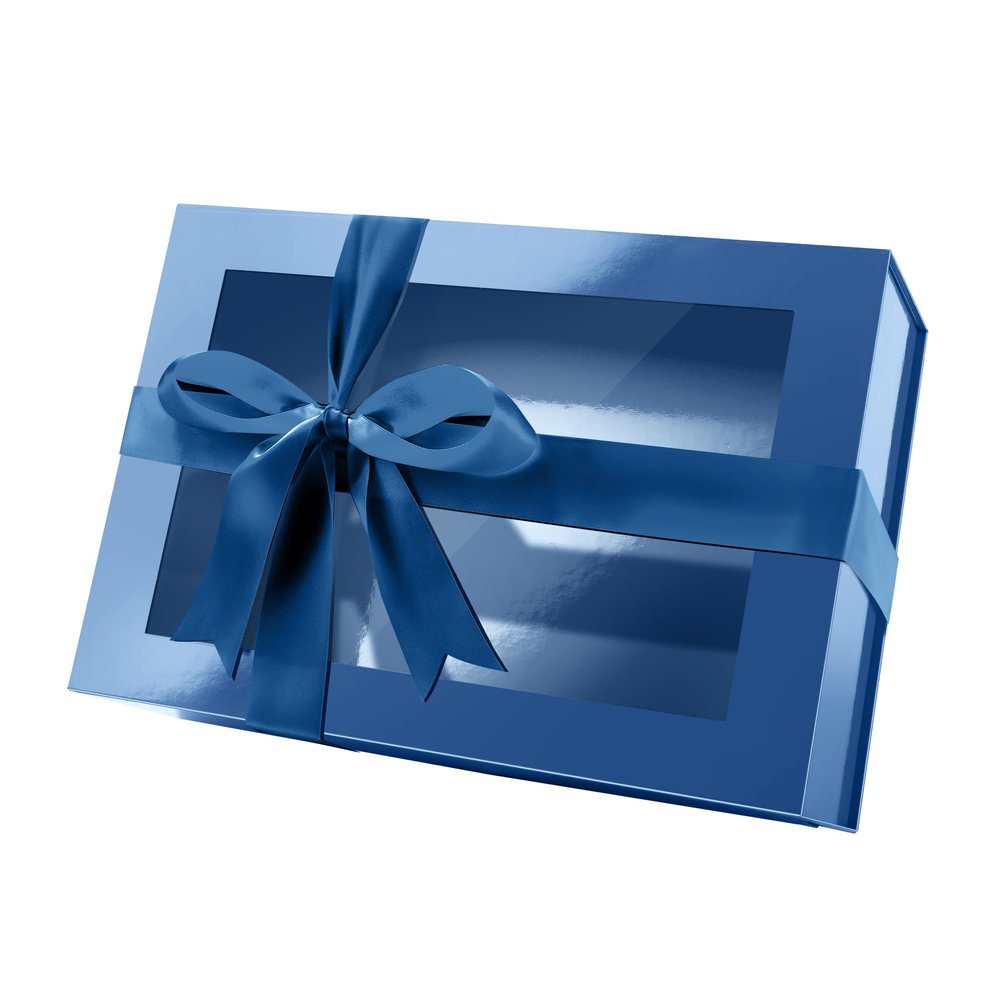 PACKQUEEN Large Blue Gift Box with Window, 13.5x9x4.1 Inches Clear Gift Box for Present Contains Ribbon, Card, Groomsman Proposal Box with Magnetic Lid (Glossy Blue)