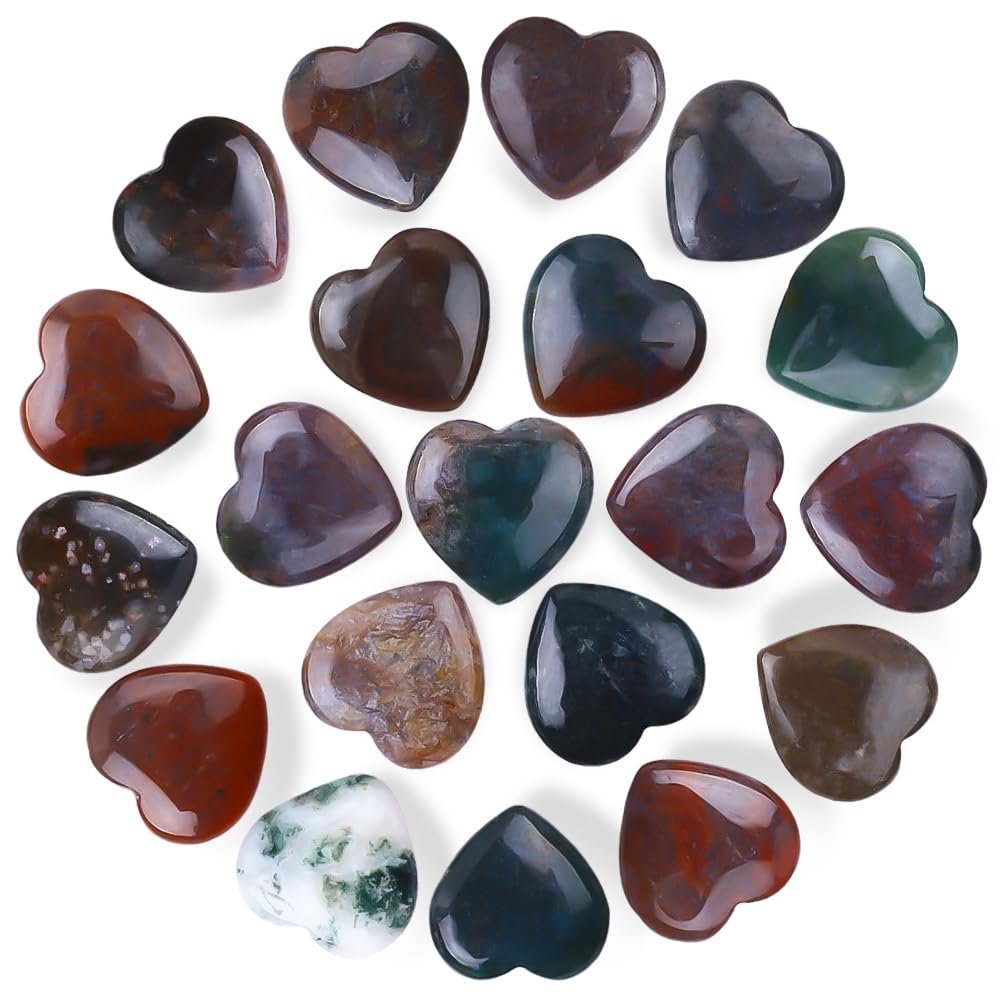 10pcs Natural Crystal Heart Indian Agate Love Shaped Healing Stones Polished Rocks Cute Mini Palm Chakra Gemstone Reiki Energy Balancing Stone for Meditation Birthday Gift 0.8 inch(20mm)