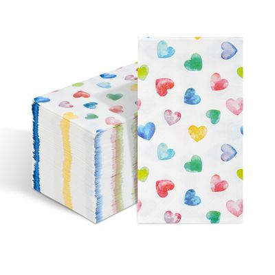 100 Valentine's Day Paper Napkins Heart Disposable Hand Towels Decorative Colorful Rainbow Heart 3 Ply Guest Napkin for Valentines Kitchen Bathroom Birthday Wedding Holiday Party Supplies