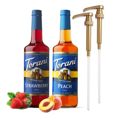 Coffee and Tea Syrup Variety Pack Sugar Free Strawberry & Peach Syrups with 2 Syrup Pump Dispensers Compatible with 25.4 oz Syrup Bottles Flavoring for Coffee, Soda, Frappes, Lattes