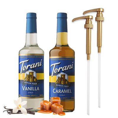 Coffee Syrup Variety Pack - Sugar Free Caramel & Vanilla Syrups for Coffee with 2 Jimoco Syrup Pump Dispenser Compatible with 25.4 Ounces Syrup Bottle - Flavoring For Coffe, Soda, Frappes, Lattes