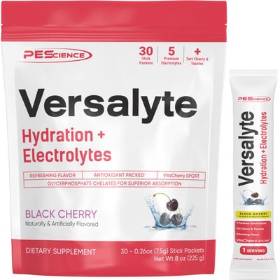 PEScience Versalyte Electrolyte Hydration Packets, Sugar Free Electrolyte Powder with Magnesium, Taurine, Antioxidants, Trace Minerals - Black Cherry, 30 Servings