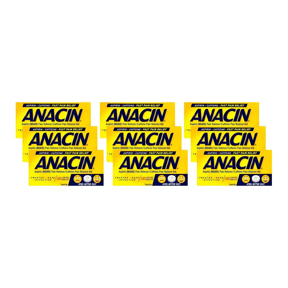 ANACIN Fast Pain Relief Pain Reducer Aspirin Tablets, 100 Tabs (Pack of 9)