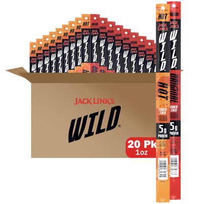 Jack Link's WILD Snack Sticks, Original and Hot Variety Pack - Protein Snack Sticks with 5g of Protein per Serving, Keto Friendly, Individually Wrapped - 1.0 Oz. (Pack of 20)