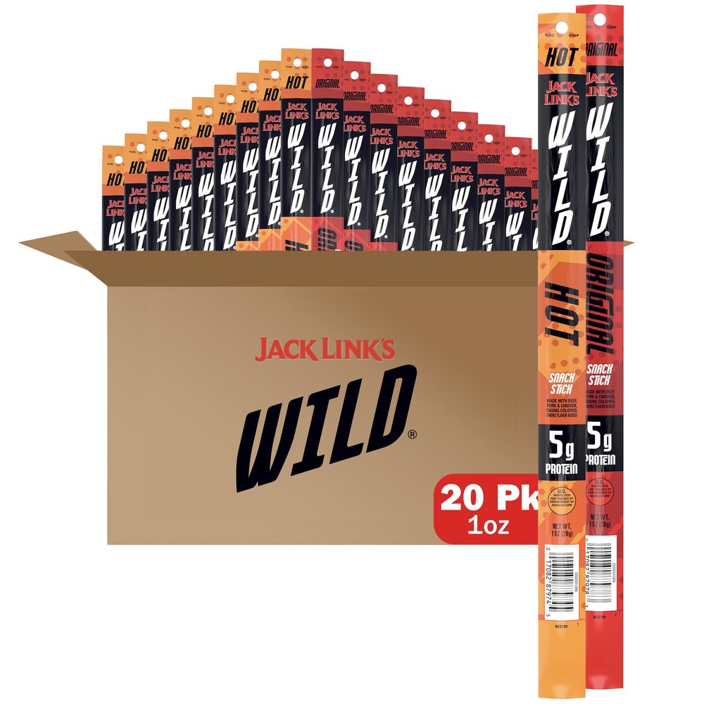 Jack Link's WILD Snack Sticks, Original and Hot Variety Pack - Protein Snack Sticks with 5g of Protein per Serving, Keto Friendly, Individually Wrapped - 1.0 Oz. (Pack of 20)