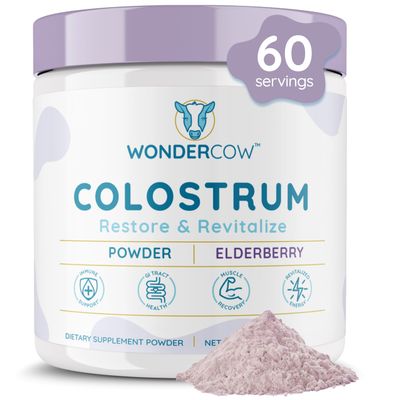 WONDERCOW Colostrum Supplement Powder for Gut Health, Immune Support, Muscle Recovery & Wellness | Natural IgG Pure Whole Bovine Colostrum Superfood, Elderberry, 60 Servings