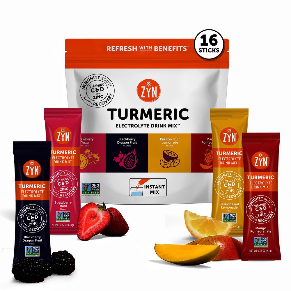 ZYN Electrolyte Drink Mix Hydration Packets, Electrolytes Powder, Hydration Packets w/Turmeric Curcumin, Vitamin C and D, Zinc, Hydrate Electrolyte Powder Packets for Wellness, Variety Pack of 16
