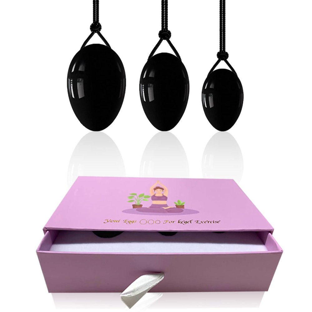 3Pcs/Set Natural Rose Quartz Yoni Egg Set Women Kegel Exercise Jade Egg Ball Kegel Egg with Box,Obsidian with Box