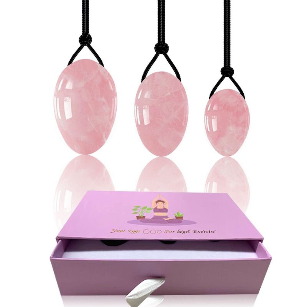 3Pcs/Set Natural Rose Quartz Yoni Egg Set Women Kegel Exercise Jade Egg Ball Kegel Egg with Box,Rose Quartz with Box